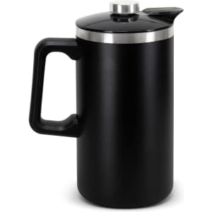 A black coffee press with a stainless steel lid and handle, designed for brewing coffee.