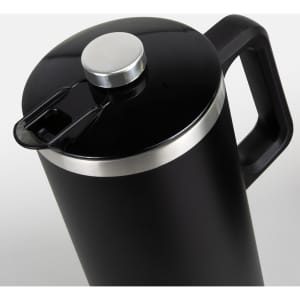 A black coffee press with a stainless steel lid and handle, designed for brewing coffee.