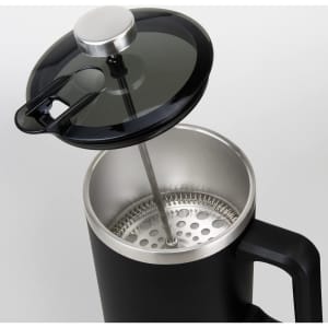 A black coffee press with a stainless steel interior and a transparent lid, featuring a plunger mechanism.