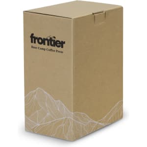 A brown cardboard box featuring mountain graphics and a logo, containing the Frontier Base Camp Coffee Press.