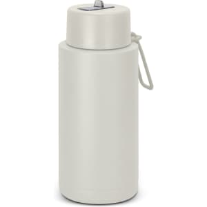 A drink bottle featuring a sleek design in light grey, with a silver cap and a small loop for easy carrying.