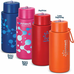 A drink bottle collection featuring blue, pink, red, and orange colours, with various printing methods and a logo.