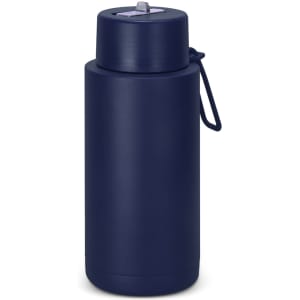 A drink bottle in navy blue with a screw-top lid and a carry strap. It features a logo on the front.