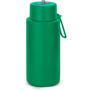 A drink bottle in a vibrant green colour with a secure lid and a carrying strap. It features a logo.