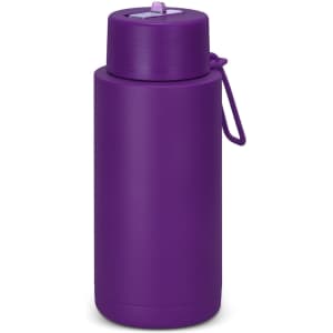 A drink bottle in a vibrant purple shade with a screw-top lid and a loop for carrying. It features a logo.