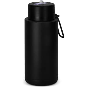 A drink bottle in matte black finish with a secure lid and a carrying strap, featuring a logo.