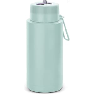 A drink bottle in a light mint green colour, featuring a secure lid and a branding logo.