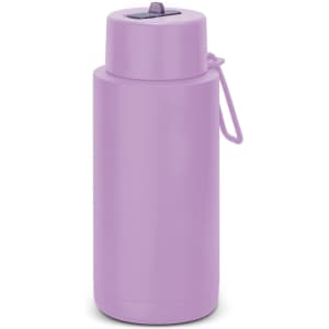 A drink bottle in a soft purple hue, featuring a secure lid and a side handle, with a logo.
