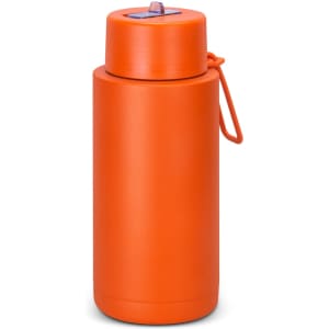 An orange vacuum bottle with a lid and a strap, featuring a logo on its surface. Holds 1 litre.