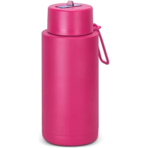 A drink bottle in vibrant pink, featuring a lid with a spout and a loop for easy carrying, includes a logo.