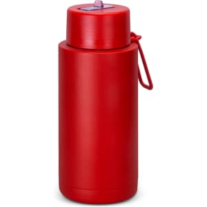 A drink bottle in a bright red colour, featuring a secure lid and a carrying handle. It has a logo.