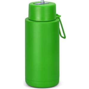 A drink bottle in vibrant green with a screw-top lid and a carrying strap. It has a branding logo.