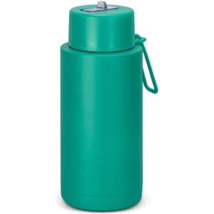 A drink bottle in a vibrant teal colour with a secure lid and a handle for easy carrying. It has a logo on the surface.