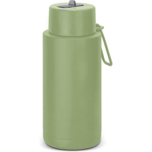 A drink bottle in a soft green colour with a secure lid and built-in handle. Features a logo on the side.
