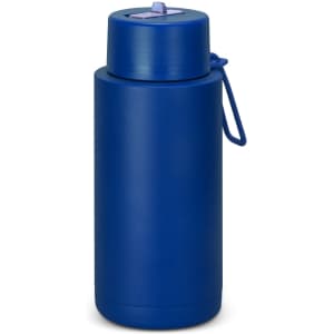 A drink bottle in a deep blue colour with a lid and a handle for easy carrying. Features a logo on the bottle.