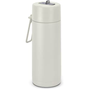 A drink bottle in light grey, featuring a lid and a handle, with a logo on the side. Holds 600ml.