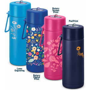A drink bottle collection featuring blue, dark blue, pink, and navy designs with floral patterns and a logo on each.