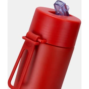 A drink bottle in vibrant red, featuring a flip-top lid and a handle for easy carrying. Includes a logo.