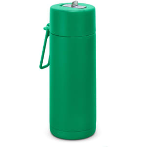 A drink bottle in a vibrant green colour, featuring a handle and a metal opening at the top for easy access.