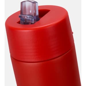 A drink bottle in vibrant red with a clear, flip-top opening and a sleek design. It features branding.