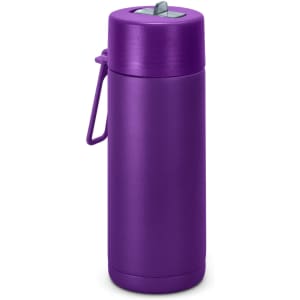A drink bottle in a vibrant purple hue, featuring a metal construction and a convenient handle.