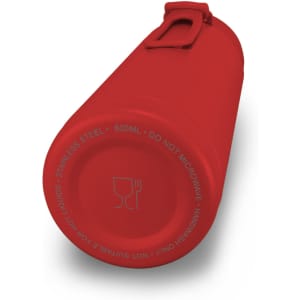 A drink bottle in bright red, made of stainless steel, with a capacity of 600ml and a logo on the bottom.