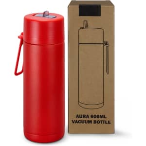 A drink bottle in bright red with a lid and a carry strap, alongside a brown box featuring a logo.