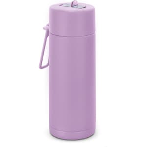 A drink bottle in pastel purple, featuring a lid and a handle for easy carrying, with a logo.