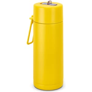 A drink bottle in bright yellow, featuring a flip-top lid and a carry handle. It has a logo on the side.