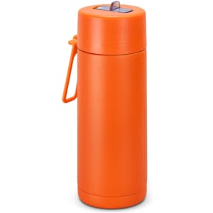 A drink bottle in bright orange, featuring a cap and a handle, designed for convenience. It has a brand logo.