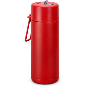 A drink bottle in bright red, featuring a sleek design and a built-in carry handle. It has a logo on the surface.