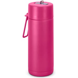A drink bottle in a vibrant pink colour with a flip lid and a carrying handle, featuring a visible logo.