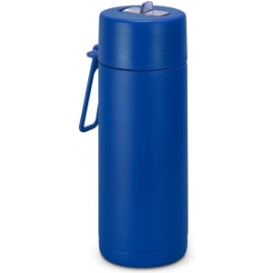 A drink bottle in a bright blue colour, featuring a screw-top lid and a carry handle. It has a logo on the front.