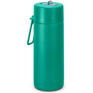 A drink bottle in teal featuring a sleek design and a carrying handle. Includes a built-in drinking spout.