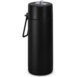A drink bottle in matte black, featuring a lid and a handle, with a sleek cylindrical design.