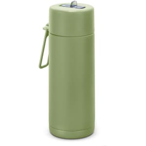 A drink bottle in a soft green colour, featuring a handle and a logo, designed for 600ml capacity.