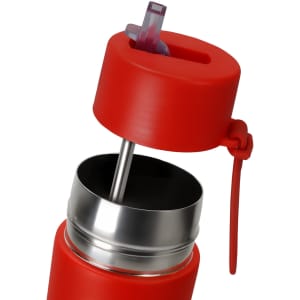 A drink bottle with a red exterior and silver interior, featuring a lid with a sipping spout and a strap.