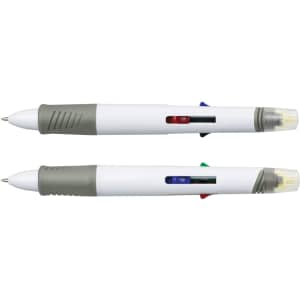 A Tetra Highlighter Pen featuring multiple highlighter colours in a plastic casing with grey accents. The product has a logo.