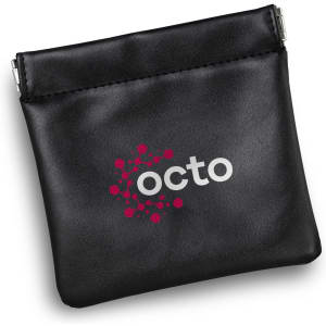 A black toiletry pouch with a zip closure and a logo on the front, featuring a smooth leather-like finish.