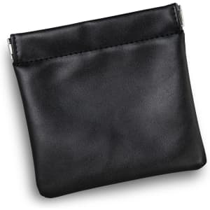 A black leather pouch with a smooth finish and a silver clasp at the top. It features a subtle logo.