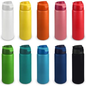 A drink bottle collection in various colours, including white, yellow, orange, pink, red, green, blue, navy, and black, with a logo.