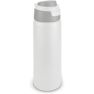 A drink bottle in white with a grey lid and a logo, featuring a sleek, modern design.