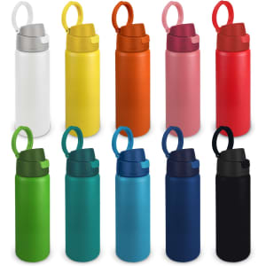 A collection of vacuum bottles in various colours, including white, grey, yellow, orange, pink, green, blue, and navy. Each features a handle.