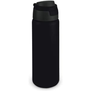 A drink bottle in black with a dark lid. It features a simple design and a branding logo.