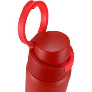 A drink bottle in vibrant red with a wide mouth and a looped handle on the lid. It features a logo.