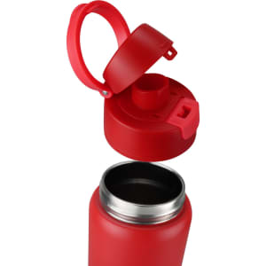 A red vacuum drink bottle with a removable lid and spout, showcasing a stainless steel interior.