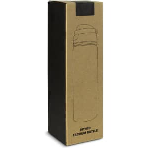 A drink bottle in a cardboard packaging featuring a sleek design, with a lid and a logo. The bottle is silver.