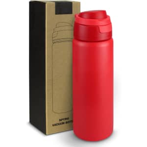 A red vacuum bottle next to its packaging box, featuring a simple design and a lid. The bottle has a logo.