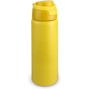 A drink bottle in bright yellow with a screw-top lid and a logo on the body.