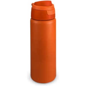 A drink bottle in a vibrant orange colour with a secure twist-top lid and a smooth finish. It features a logo.